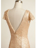 Cap Sleeves Champagne Sequin V Back Affordable Bridesmaid Dress